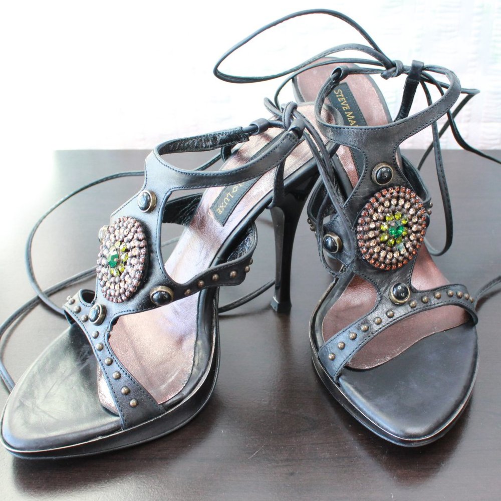 Steve Madden Luxe Leather Beaded Ankle Wrap Heels